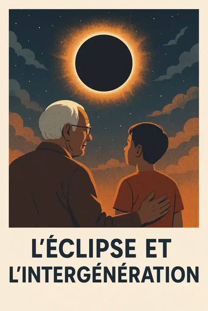 Illustration poétique d’une éclipse solaire observée par un enfant, un adulte et une personne âgée, symbolisant le lien intergénérationnel sous un ciel étoilé.Découvrez comment l’éclipse solaire devient un moment de transmission entre générations. Une image inspirante pour illustrer le lien familial, l’émerveillement cosmique et le partage intergénérationnel.
