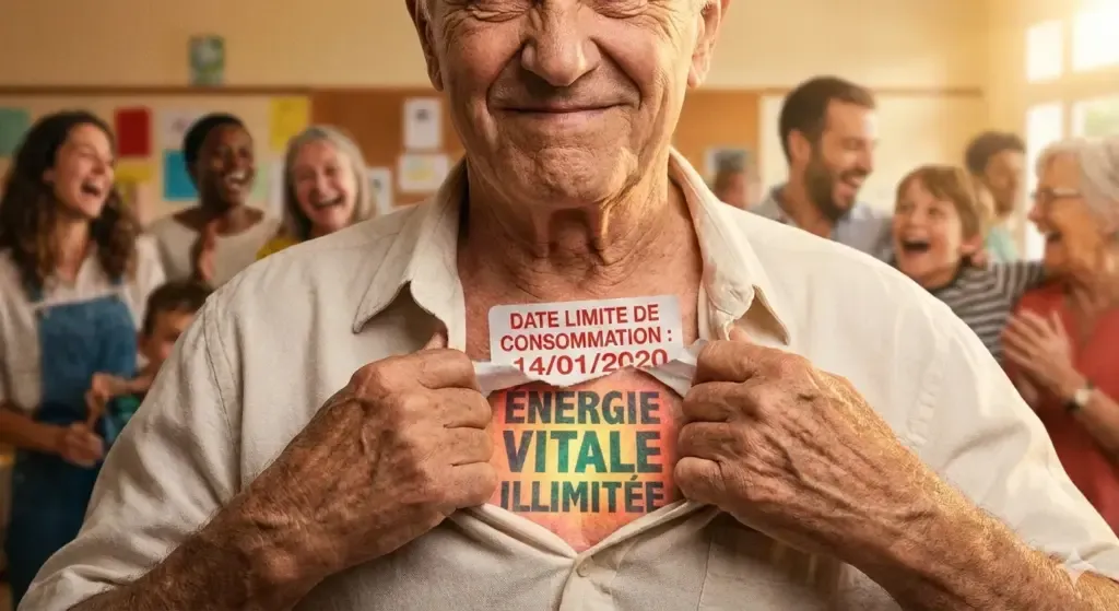 Personne âgée souriant avec un badge 