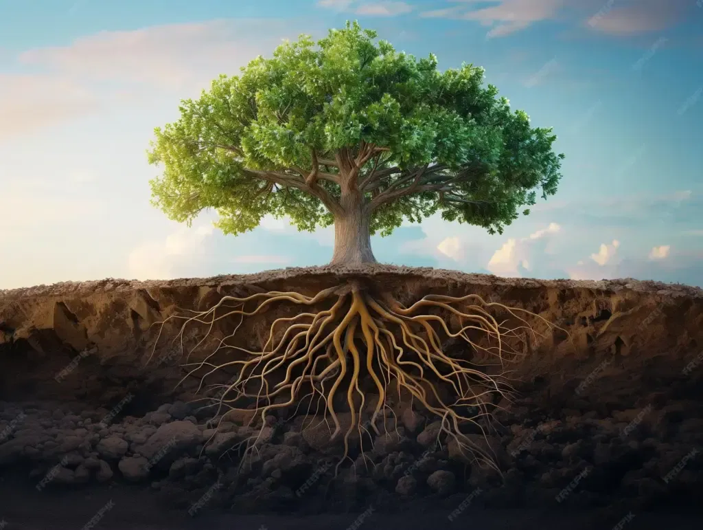 Un arbre majestueux avec ses racines apparentes, illustrant la solidité et la connexion profonde entre la nature et la terre bretonne