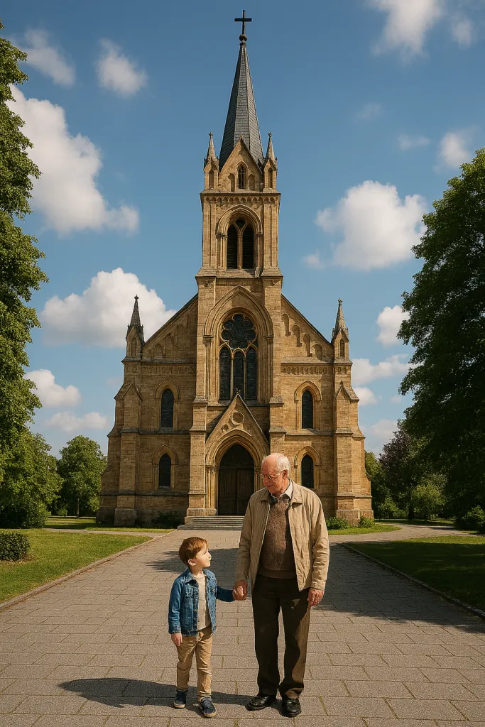 Article : L’Église, un lieu de rencontre entre jeunes et anciens: Un homme âgé et un jeune garçon debout côte à côte devant une église gothique en pierre, sous un ciel bleu parsemé de nuages, entourés d’arbres verdoyants.
