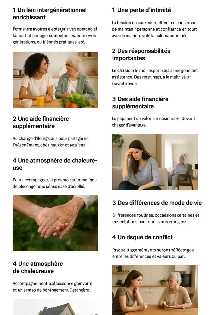 Tableau comparatif en français des avantages et inconvénients de la cohabitation intergénérationnelle, illustré par des photos de jeunes et de personnes âgées interagissant.
