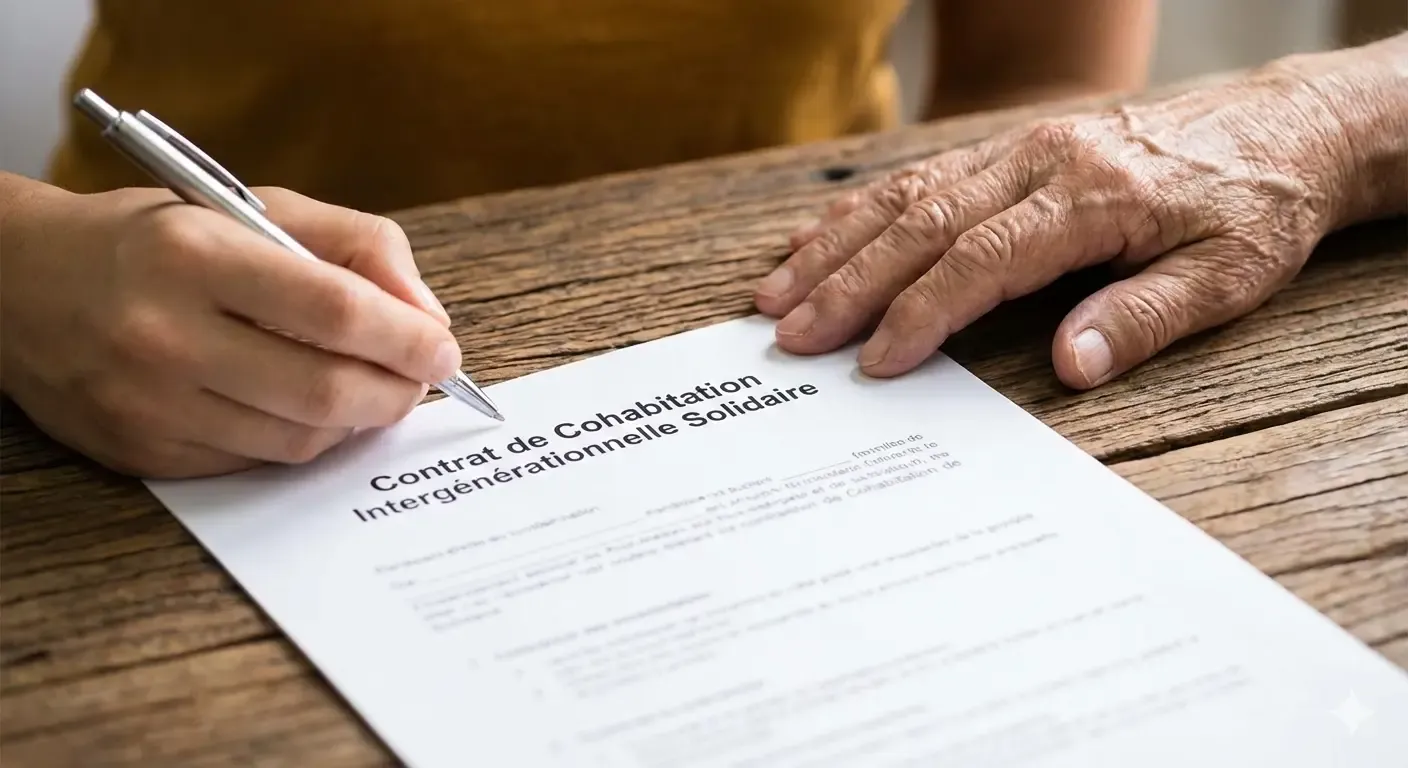 Gros plan sur les mains d'une personne jeune et d'une personne âgée signant un contrat de cohabitation sur une table en bois.