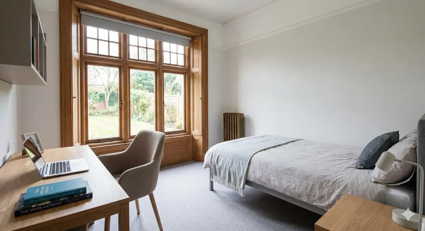 Une chambre d'étudiant moderne avec un lit et un bureau, située dans une maison ancienne avec de grandes fenêtres en bois.