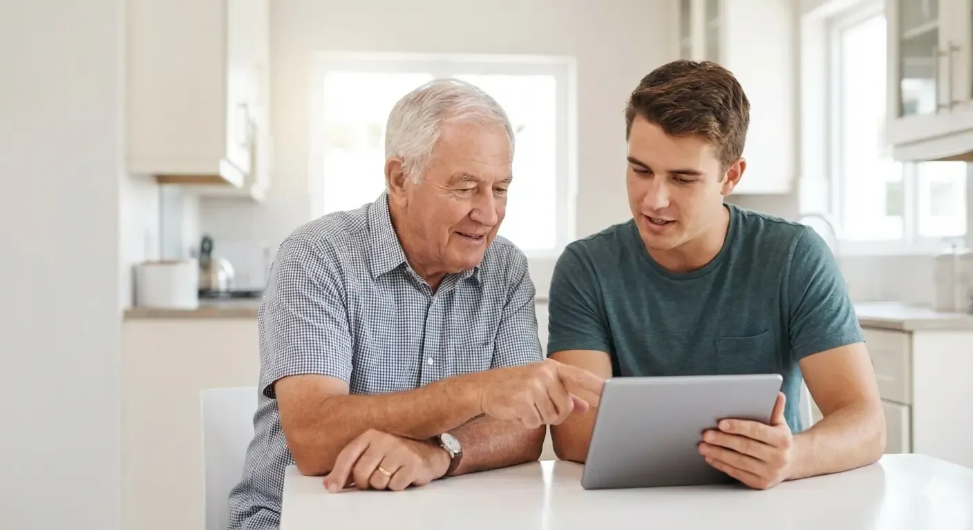 Un jeune homme montre quelque chose sur une tablette numérique à un homme plus âgé, tous deux assis à une table de cuisine.