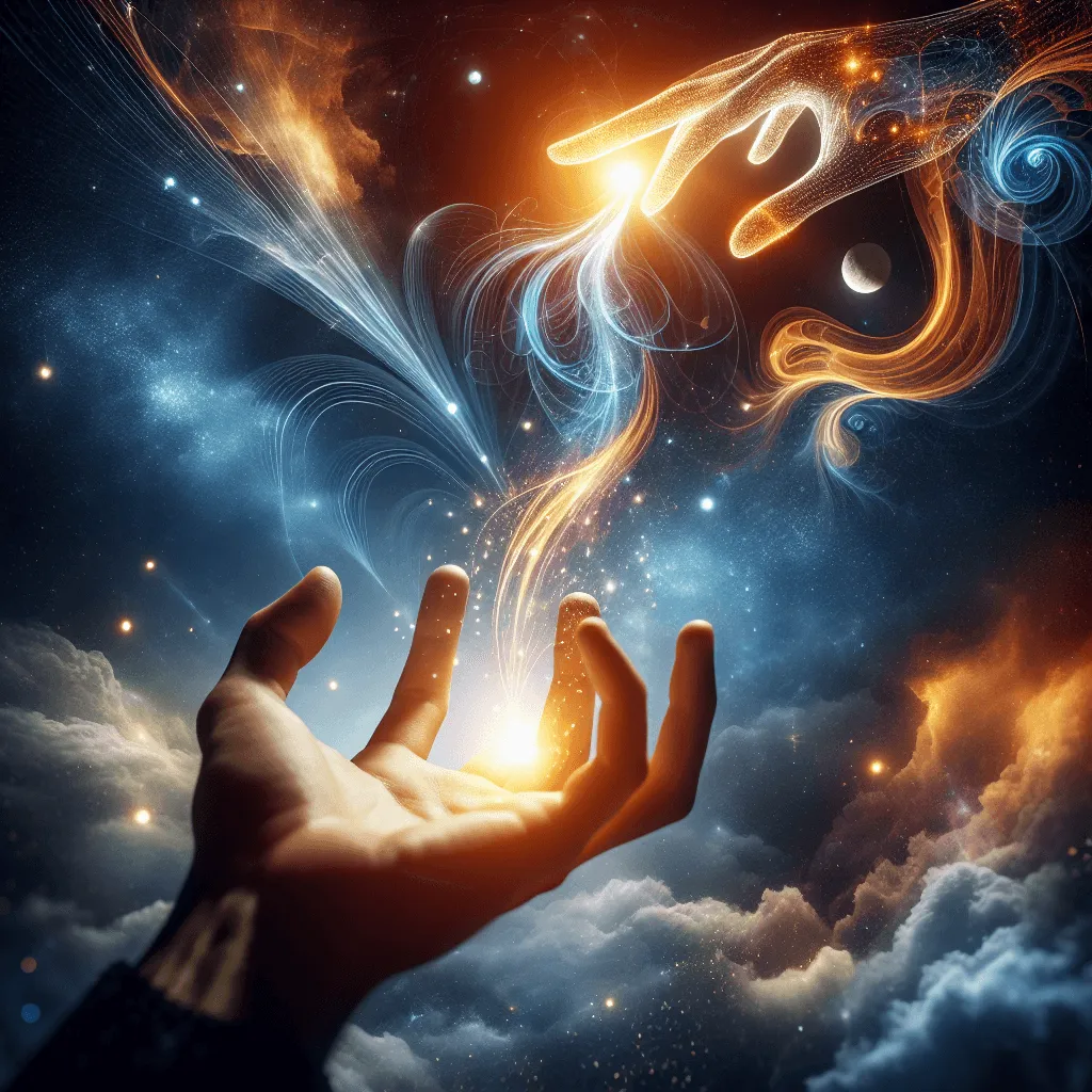 Main humaine tendue vers une main lumineuse symbolique, dans un ciel étoilé, évoquant la transmission et le lien entre générations.