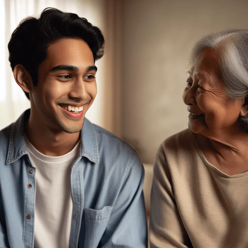 un jeune adulte et une personne âgée assis côte à côte, en train de discuter, sourire, partager un moment simple.