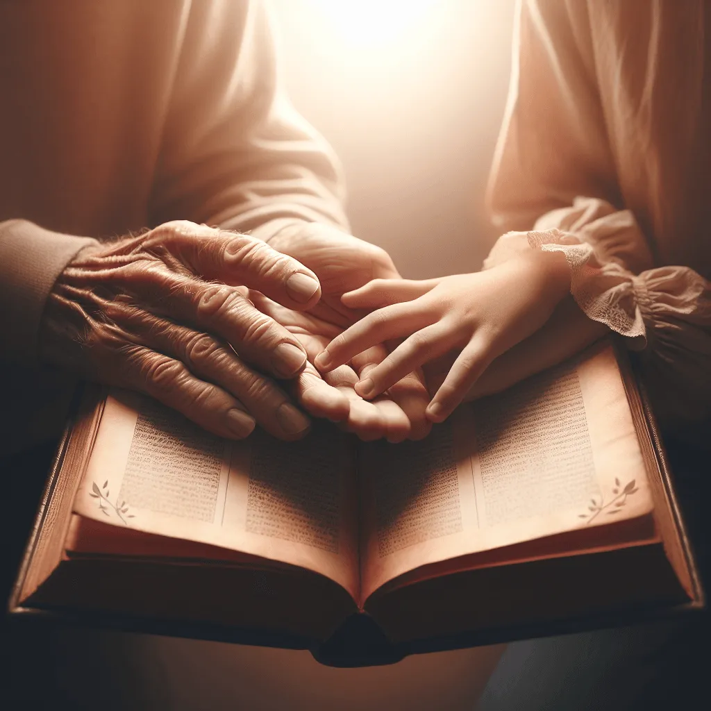Transmission entre générations deux paires de mains de générations différentes tenant ensemble un livre ouvert, lumière douce, style minimaliste, ambiance chaleureuse et symbolique, évoquant la transmission et le lien intergénérationnel. »