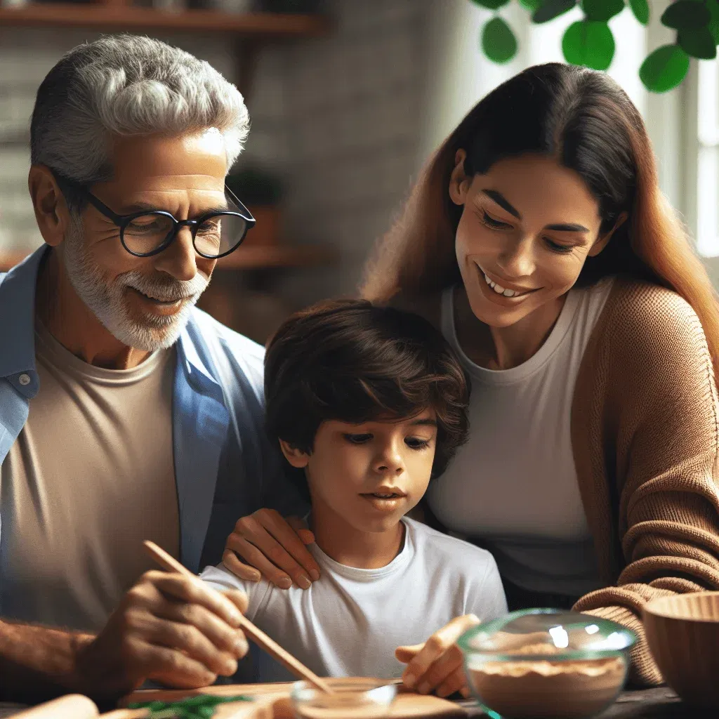 5 Astuces pour Vivre la Richesse Intergénérationnelle au Quotidien un grand‑parent, un parent et un enfant partageant un moment simple (cuisine, jardinage, lecture)