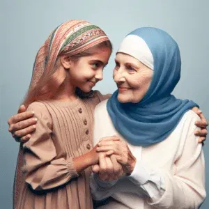 « Une jeune fille portant une robe beige et un foulard coloré tient les mains d’une femme âgée en tenue blanche et foulard bleu. Elles se sourient face à face sur un fond bleu clair.
