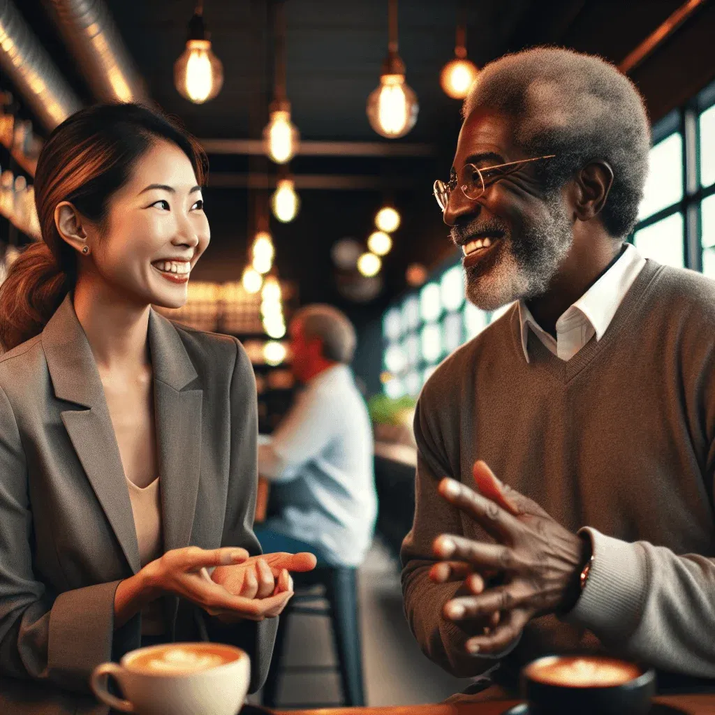 Expliquer les Clichés et Préjugés autour des Couples à Grande Différence d’Âge illustration élégante et non sexuelle représentant un couple adulte avec une grande différence d’âge, dans un style moderne et sociologique. les deux personnes sont habillées, souriantes, et discutent dans un café lumineux. l’image doit transmettre l’idée de compréhension, respect et complicité, sans aucune connotation romantique explicite. style doux, couleurs naturelles, ambiance chaleureuse, composition équilibrée. mettre l’accent sur la diversité, l’harmonie et la normalité des relations intergénérationnelles.