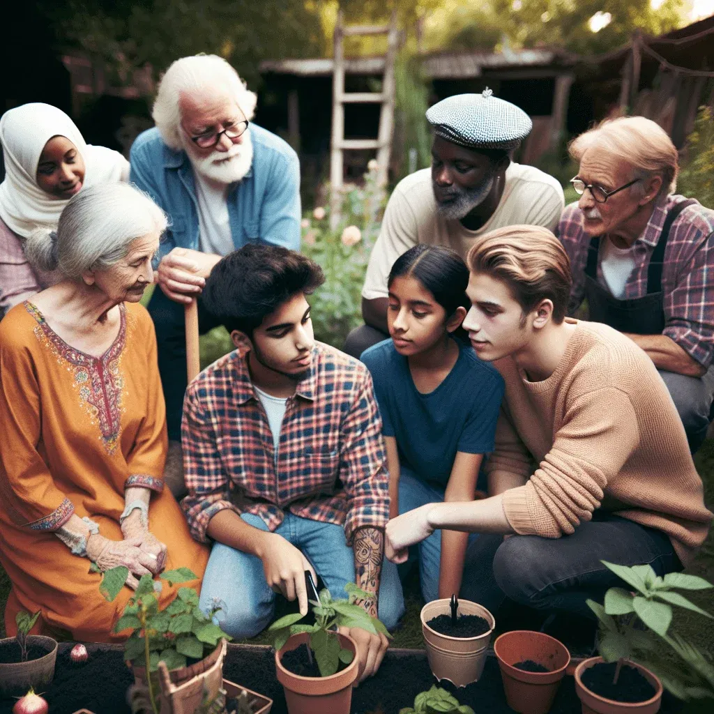 decri moi des jeunes et personne ages qui font un jardin ensembleelles, ambiance chaleureuse, composition équilibrée. mettre l’accent sur la diversité, l’harmonie et la normalité des relations intergénérationnelles.
