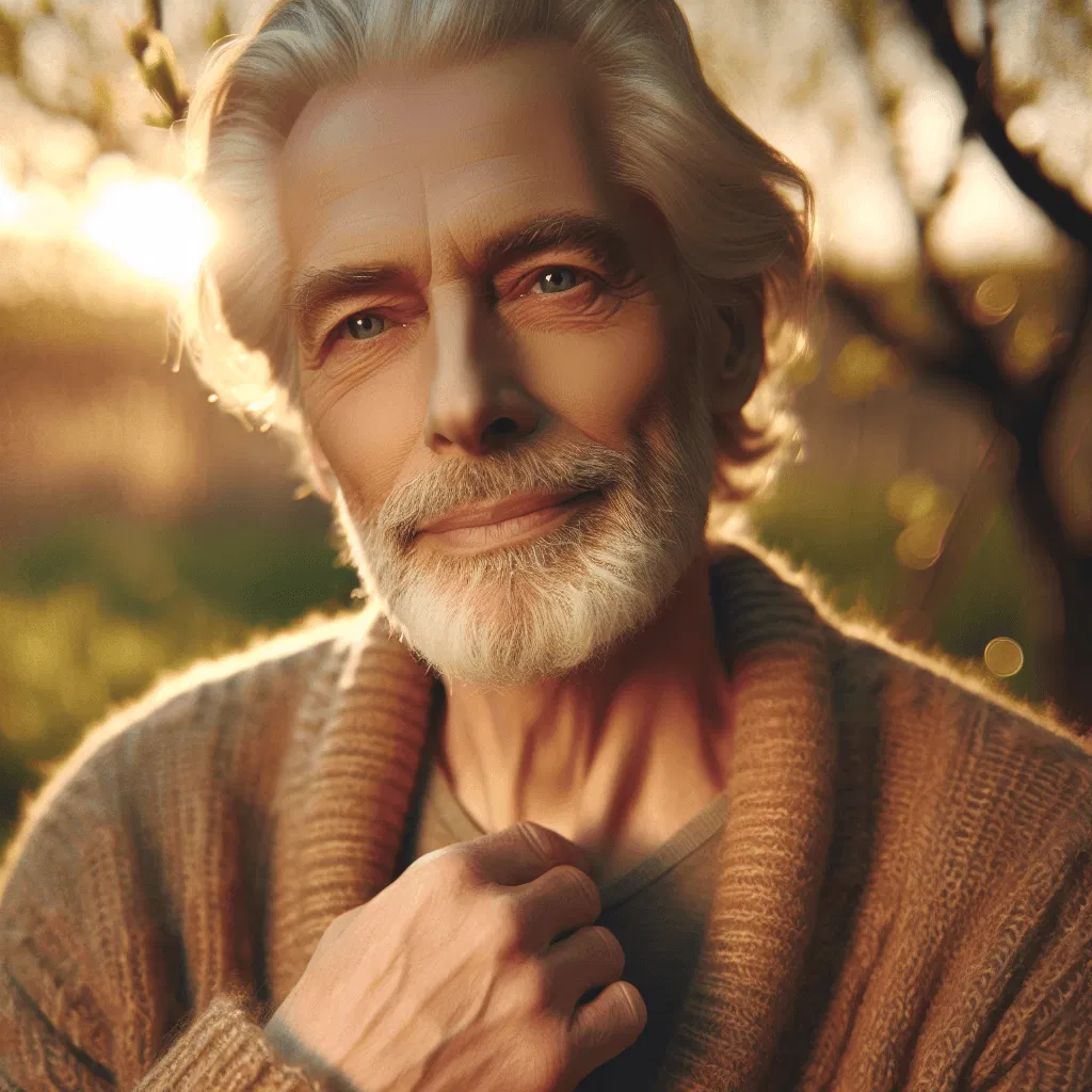 portrait doux et lumineux d’une personne mature, dans une ambiance chaleureuse et naturelle. lumière douce, légèrement dorée, qui révèle la texture du visage et la profondeur du regard. atmosphère calme, apaisée, presque silencieuse. arrière plan flou, organique, évoquant les saisons ou la lumière du matin. expression sereine, vraie, habitée par la sagesse et la tendresse des années. style photographique poétique, couleurs naturelles, tons chauds, réalisme délicat. aucune retouche excessive, aucune artificialité. sensation de présence, de continuité, de transmission.