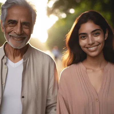 Couple avec grande différence d’âge marchant ensemble dans une lumière douce, relation inter‑âges harmonieuse et authentique